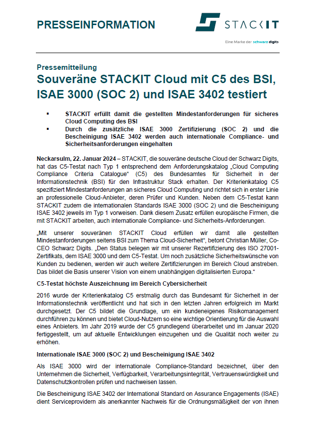 STACKIT Cloud mit C5 Testat des BSI