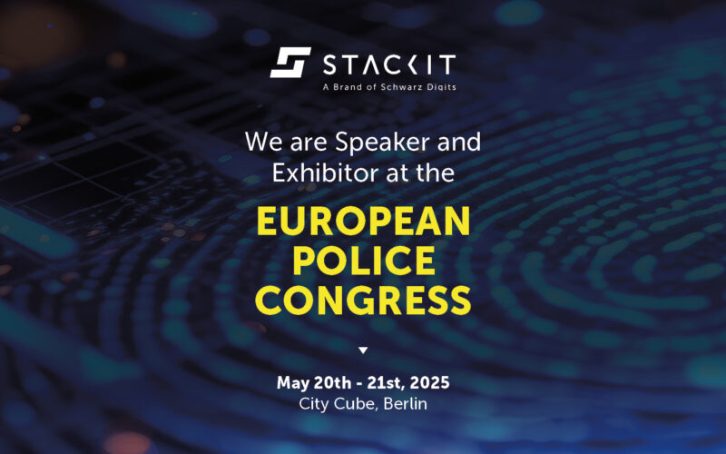 STACKIT banner announcing participation in the European Police Congress from May 20-21, 2025, at City Cube, Berlin. The STACKIT logo is at the top, with the text “We are speakers and exhibitors at the EUROPEAN POLICE CONGRESS” below.