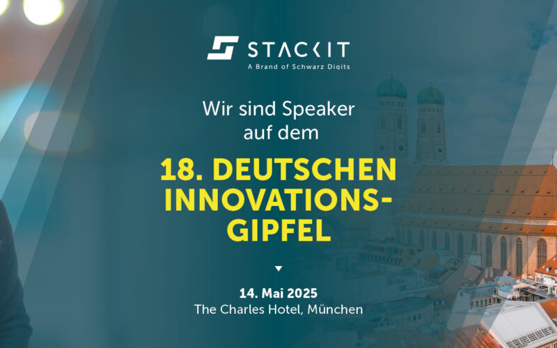 Werbung für den 18. Deutschen Innovations-Gipfel in München am 14. Mai 2025 mit STACKIT als Speaker. Ein Mann im Anzug vor einem Stadtpanorama