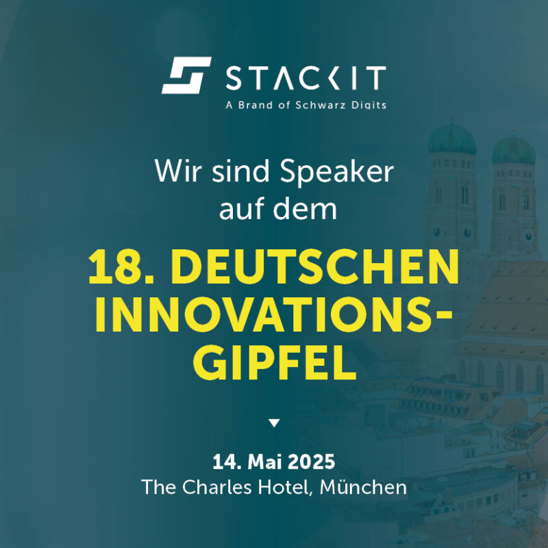Werbung für den 18. Deutschen Innovations-Gipfel in München am 14. Mai 2025 mit STACKIT als Speaker. Ein Mann im Anzug vor einem Stadtpanorama