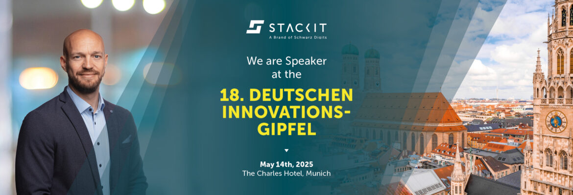 Advertisement for the 18th German Innovation Summit in Munich on May 14, 2025, with STACKIT as a speaker. A man in a suit in front of a cityscape.