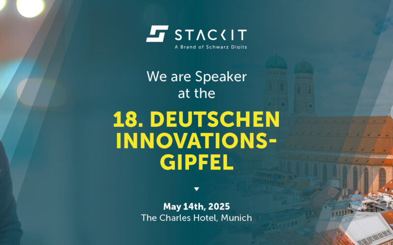 Advertisement for the 18th German Innovation Summit in Munich on May 14, 2025, with STACKIT as a speaker. A man in a suit in front of a cityscape.