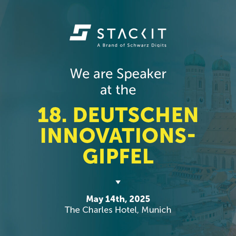 Advertisement for the 18th German Innovation Summit in Munich on May 14, 2025, with STACKIT as a speaker. A man in a suit in front of a cityscape.