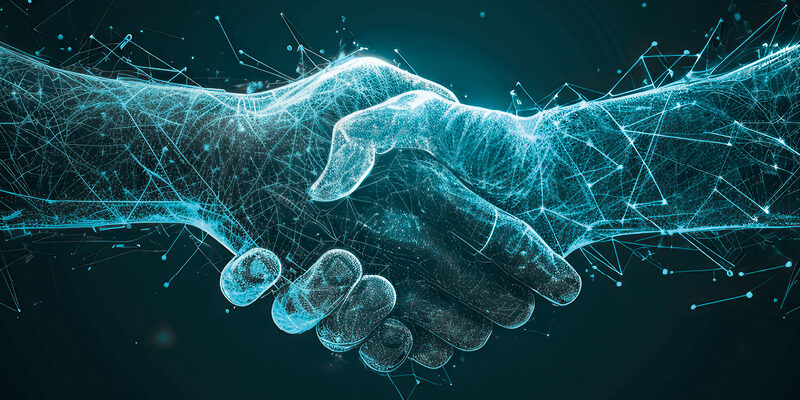 Zwei Hände schütteln sich, überlagert von einem leuchtend blauen Netzwerk. Symbolisiert digitale Partnerschaft.