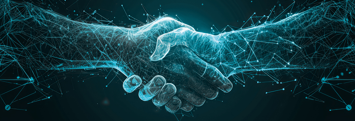 Zwei Hände schütteln sich, überlagert von einem leuchtend blauen Netzwerk. Symbolisiert digitale Partnerschaft.