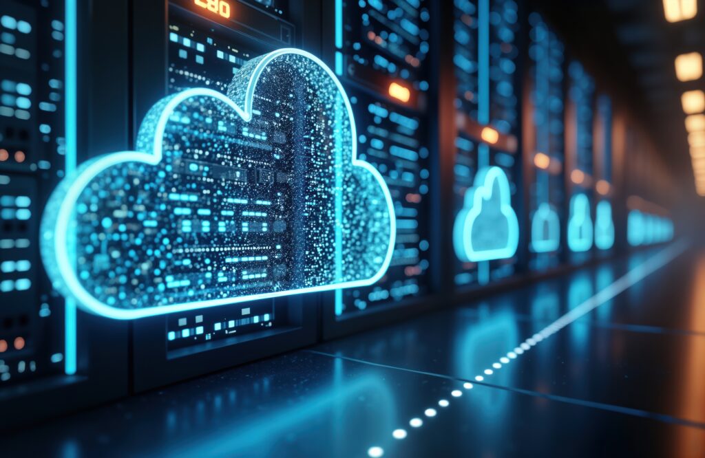 Symbolische Darstellung von Cloud Computing: Leuchtende Cloud-Icons schweben vor Server-Racks im modernen Rechenzentrum.