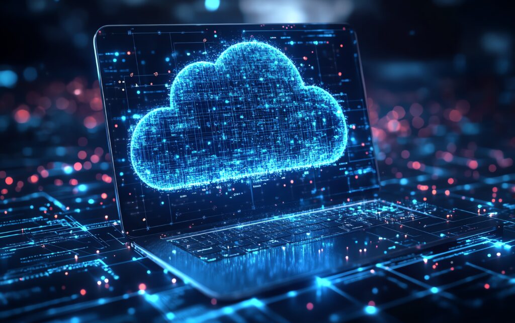Futuristischer Laptop mit leuchtender Public Cloud-Symbolisierung für Cloud Computing und digitale Vernetzung.