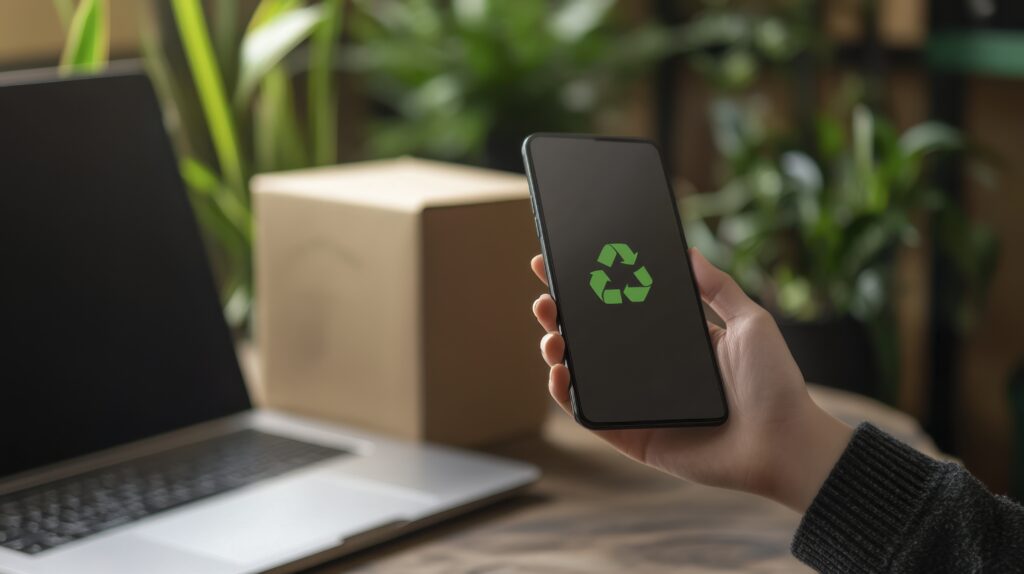 Close up of a hand holding phone with recycle symbol. A cardboard box and portable computer sit on wood surface.
