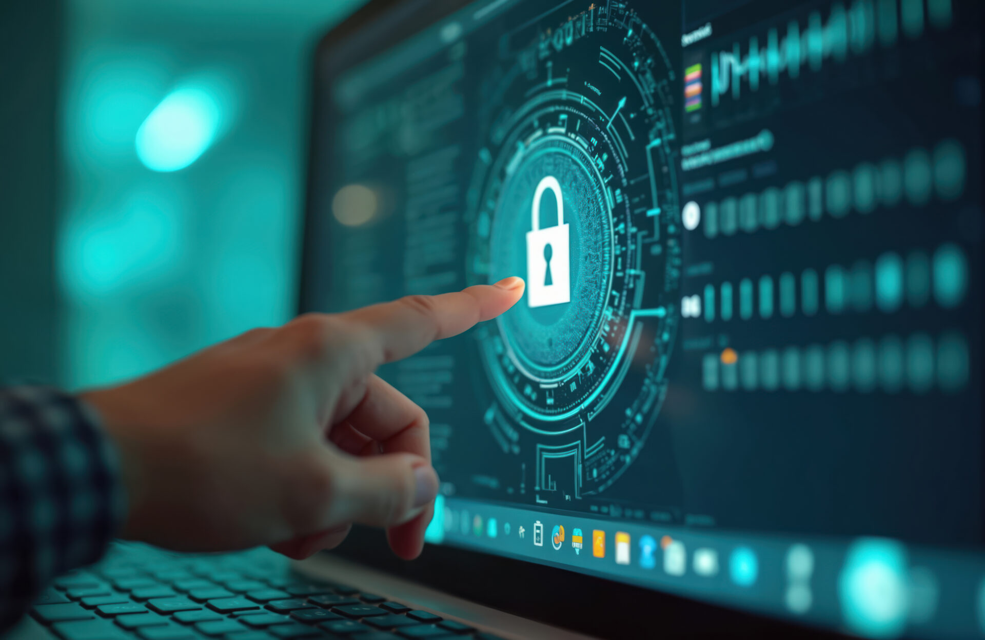 Hand tippt auf Laptop-Bildschirm mit Schloss-Symbol, Symbol für digitale Sicherheit und Vendor Lock-in.