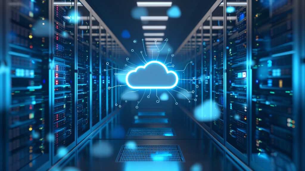 Symbolische Darstellung von Cloud Computing: Leuchtende Cloud-Icons schweben vor Server-Racks im modernen Rechenzentrum.