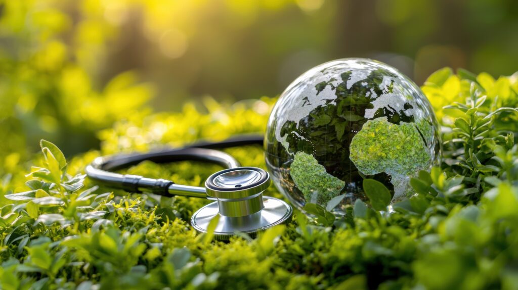 Sustainable Earth Globe with Stethoscope Surrounded by Lush Green Leaves and Vegetation Symbolizing Environmental Conservation Healthcare and Wellness