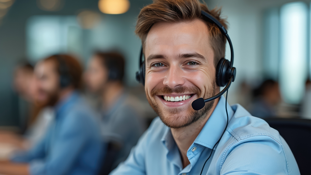 Ein Supportmitarbeiter mit einem Headset, lächelt.